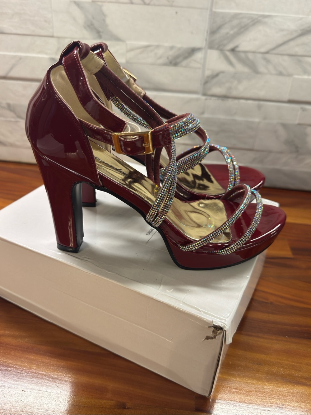 Women's Burgundy Patent High Heel Sandals with Rhinestone Straps 7-7.5